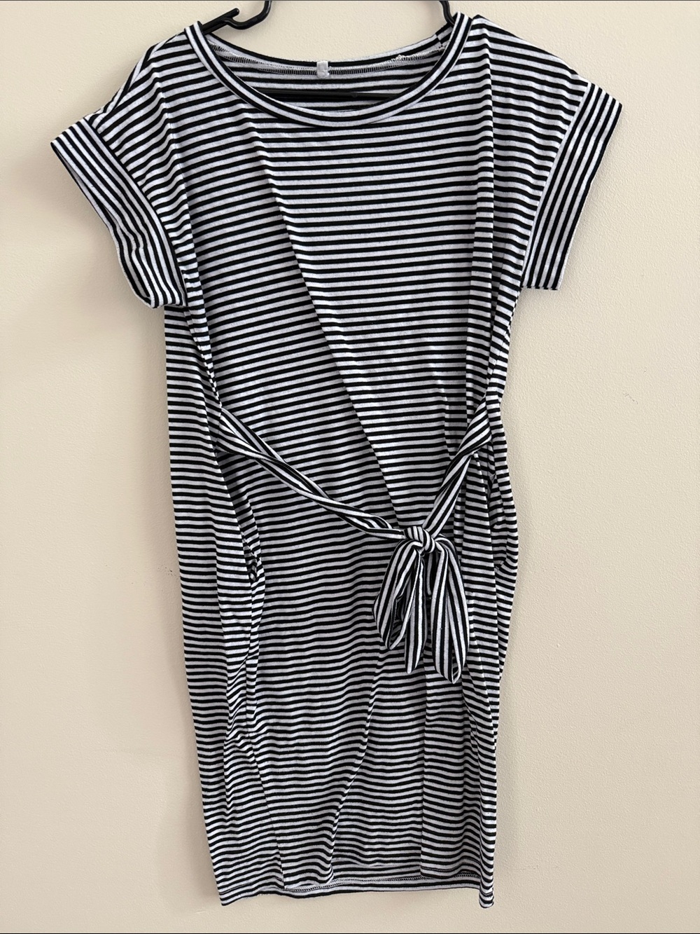 Striped Black & White Tie-Waist Midi Dress